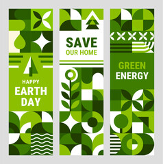 Fototapeta premium Environment ecology banners with green geometric pattern, vector backgrounds. Green energy, Save Our Home Planet and Happy Earth Day banners with geometric pattern for ecology environment conservation