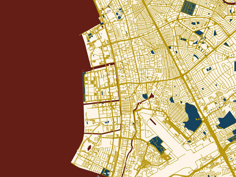 Flat city map of Pasay, Philippines in dark red water and warm gold roads