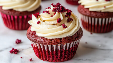 Red velvet cupcake with creamy white frosting and red crumbs on top, delicious dessert on marble surface, close up view