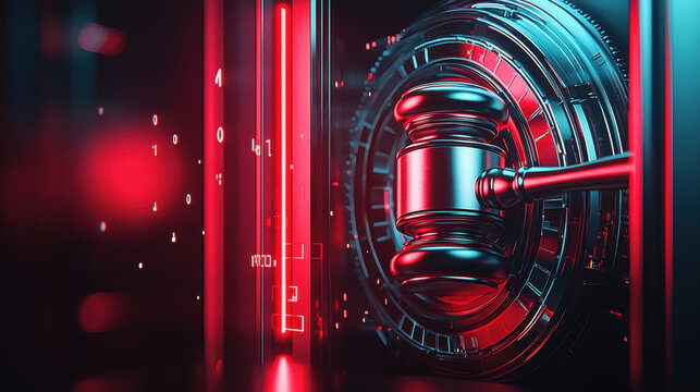 Judges gavel placed before large secure bank vault door with digital red and blue light effects creating dramatic atmosphere