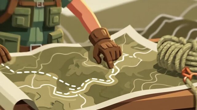 Adventurous Senior Woman Planning A Mountain Trekking Route With Topographic Map
