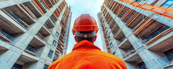Construction worker orange safety gear looking up two tall unfinished concrete buildings with scaffolding bright day, showing determination