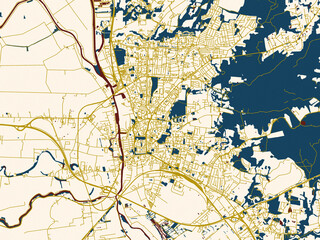 Flat city map of Elblag, Poland &mdash; minimal ivory map base with golden roads and dark red water bodies in a modern flat style