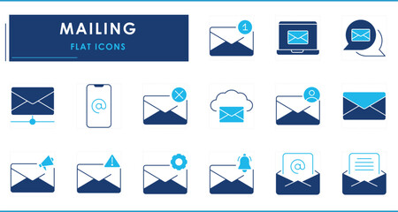 A set of flat icons related to Mailing. Mail, post, notification, smartphone, cloud, warning, announce, and so on.