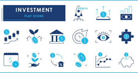 A set of flat icons related to Investment. Money, time, growth, vision, saving, annual, real estate, and so on.