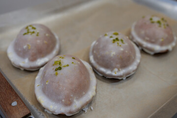Appetizing sweet pastries on a cafe counter. Close-up. Selective focus.