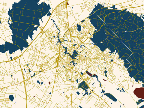 Modern graphic street map of Koszalin, Poland, with warm gold street grid over a cream background with bold deep-red water areas