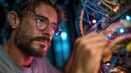 Focused Bearded Technician Working on Server Rack Cables at Data Center