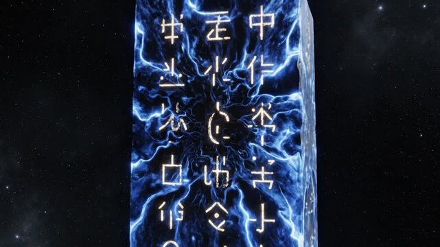 Close-up of blue glowing Chinese characters on a dark background with electric-like effects.