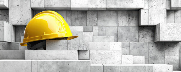 Yellow hard hat placed on modern concrete block wall, symbolizing construction safety and engineering work in progress