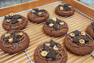 Appetizing chocolate chip cookies on a cafe counter. Close-up. Top view. Selective focus.