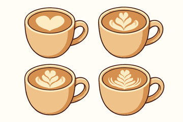 Obraz premium Latte Art Collection Heart and Leaf Designs in Coffee Cups.