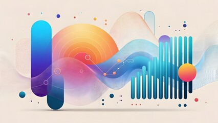 Vibrant abstract digital artwork: fluid 3D blobs and wavy lines in blue, purple, orange, and pink gradients, layered with concentric circles, vertical bars, and scattered dots on a soft beige backgrou