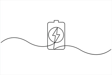 Obraz premium Continuous one line art drawing of battery with bolt sign design vector illustration