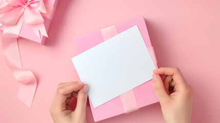 Obraz premium Hands hold a blank white greeting card .