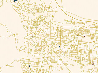 Obraz premium Urban map of Jericho, Palestine, State of in a flat palette: rich navy water shapes with ivory land and golden street network accents