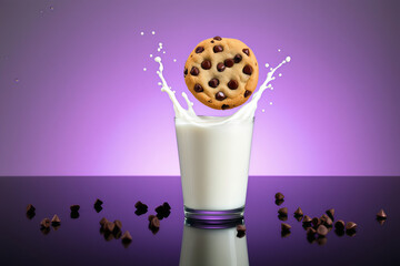 Delicious Chocolate Chip Cookie Splashing into Fresh Milk on Purple Background. Sweet Snack for Food Advertising.