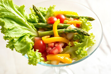 Vibrant Fresh Salad with Crisp Lettuce, Asparagus, Tomatoes, Bell Peppers in Glass. Clean Eating, Healthy Diet, Wellness, Restaurant Menu.