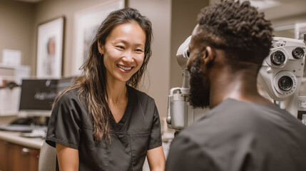 Happy optometrist examining patient eye with care professional clinic happy smiling female doctor male client treatment checkup medical