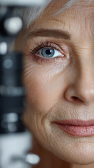 Close up elderly woman face with blue eye looking calm during professional medical checkup visit optical clinic for vision test healthcare