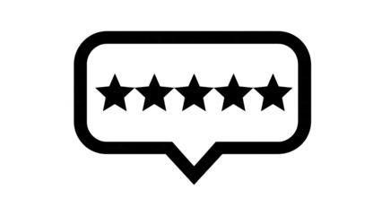 A speech bubble icon with five stars inside, representing a perfect rating or review.