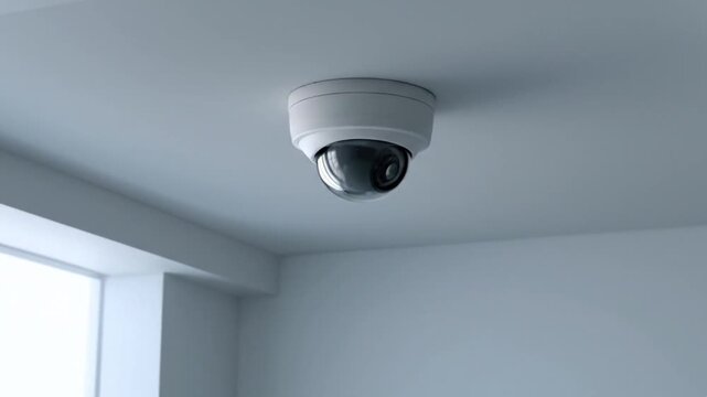 A sleek, modern white dome security camera is discreetly mounted on a clean, light-colored ceiling within a contemporary interior space. The sophisticated surveillance device, with its reflective lens