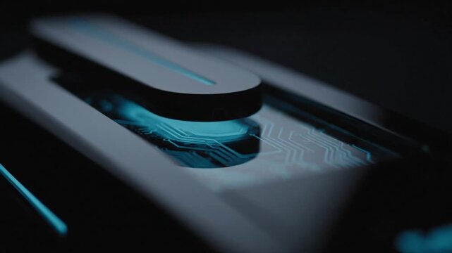 Close-up of a sleek, modern electronic device with a glowing blue interface and a circular control button on a dark background with cinematic lighting.