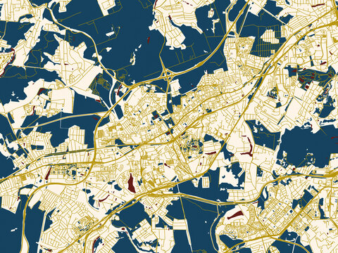 Minimalist map of Odintsovo, Russian Federation, dark blue water and warm gold roads