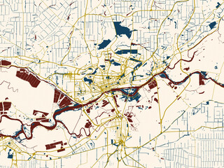 Fototapeta premium Minimalist map of Rostov-na-Donu, Russian Federation, gold street network with navy water