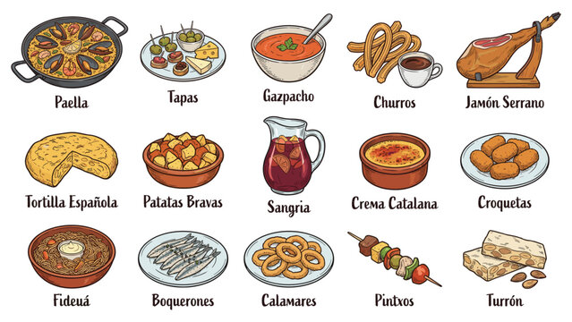 Assorted Spanish Cuisine Dishes and Beverages on Display