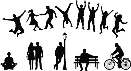 People lifestyle silhouette vector illustration, men and women dancing, jumping, walking, cycling and relaxing poses, daily urban activities collection isolated white background
