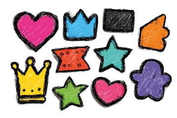 다양한 모양의 귀여운 아이콘들이 투명한 배경에 그려져 있습니다. 하트, 왕관, 별 모양 등이 포함되어 있습니다.