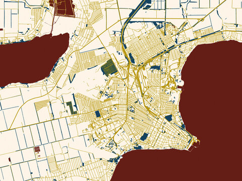 Flat city map of Taganrog, Russian Federation in gold street network with navy water