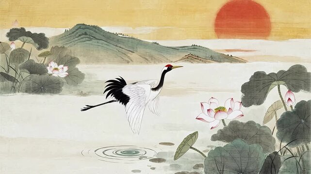 crane flying over lotus pond