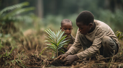 A woman is planting a tree in a river. She is wearing a green shirt and blue gloves