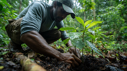 A woman is planting a tree in a river. She is wearing a green shirt and blue gloves