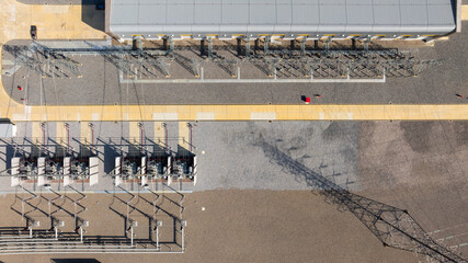 Aerial view high voltage substation, This facility essential distributing managing flow of...