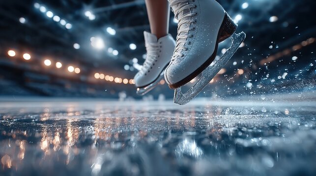 Dramatic Ice Skates on Rink with Splashes and Bokeh Lights Effect