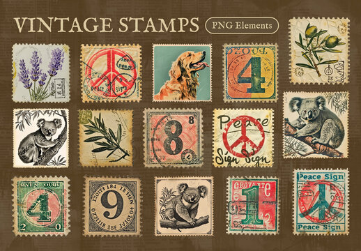 Vintage Stamps With Animals, Numbers, Peace, Symbols Element Design Set