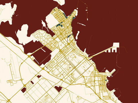 City map of Al Jubayl, Saudi Arabia &ndash; gold street network with navy water