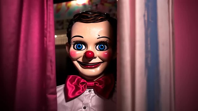 Ventriloquist creepy doll peeking from behind curtains