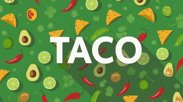 Dark green 2D flat vector tacos and avocado pattern. Seamless looping animation with chili peppers and lime for festive Mexican food and catering backgrounds.