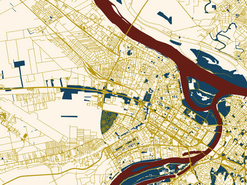 City map of Zemun, Serbia &ndash; cream map with gold lines