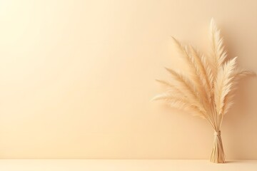 A bunch of dried pampas grass on a beige background with plenty of copy space