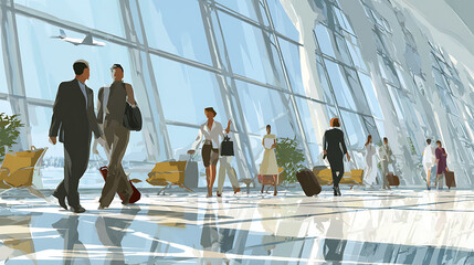 A group of people are sitting in chairs in an airport. There are two suitcases and a handbag visible