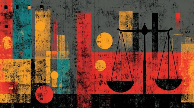 Grunge Distressed Scale of Justice Graphic with Geometric Abstract Composition