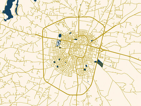 Decorative abstract map of Idlib, Syrian Arab Republic, featuring minimal ivory map base with golden roads and dark blue water bodies in a modern flat style