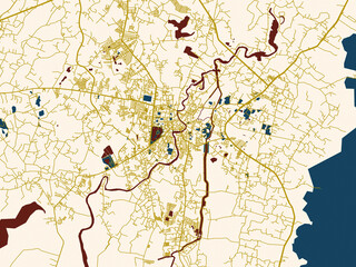 Fototapeta premium Poster-style map of Chanthaburi, Thailand using dark blue water and warm gold roads