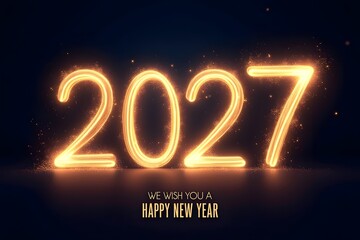 A happy new year message with glowing 2027 text and warm lighting effects on a dark background