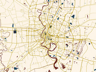 Obraz premium Urban map of Greater Bangkok, Thailand in a flat palette: rich navy water shapes with ivory land and golden street network accents